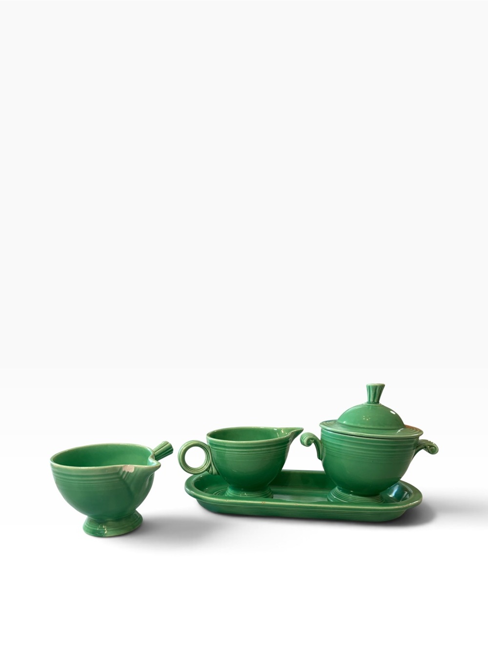Pre 1951 Fiestaware Medium Green Sugar Bowl, Creamer & Tray Set